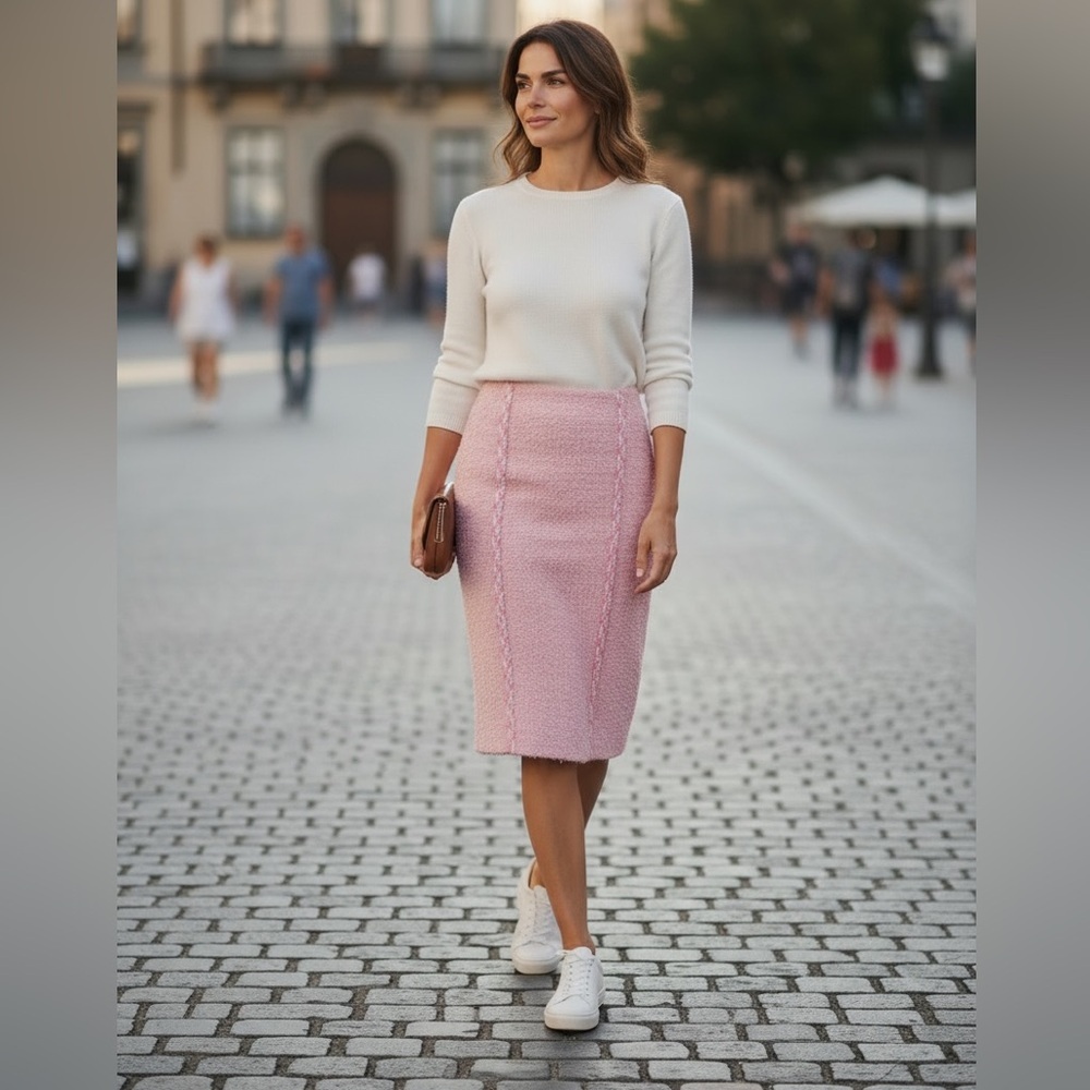 St. John Couture Pink Bouclé Knit Pencil Skirt | Wool Blend | Made in USA SZ 4